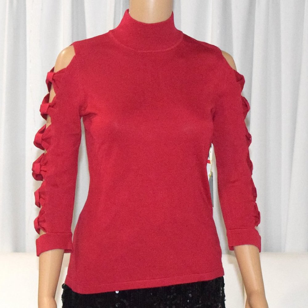 CeCe by Cynthia Steffe Bow Sleeve Crewneck Pullover Sweater in Red - Size XS - Picture 5 of 15